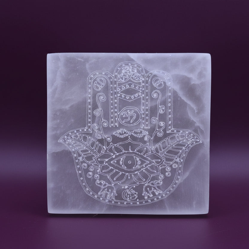Satin Spar Charging Plate Hamsa Design