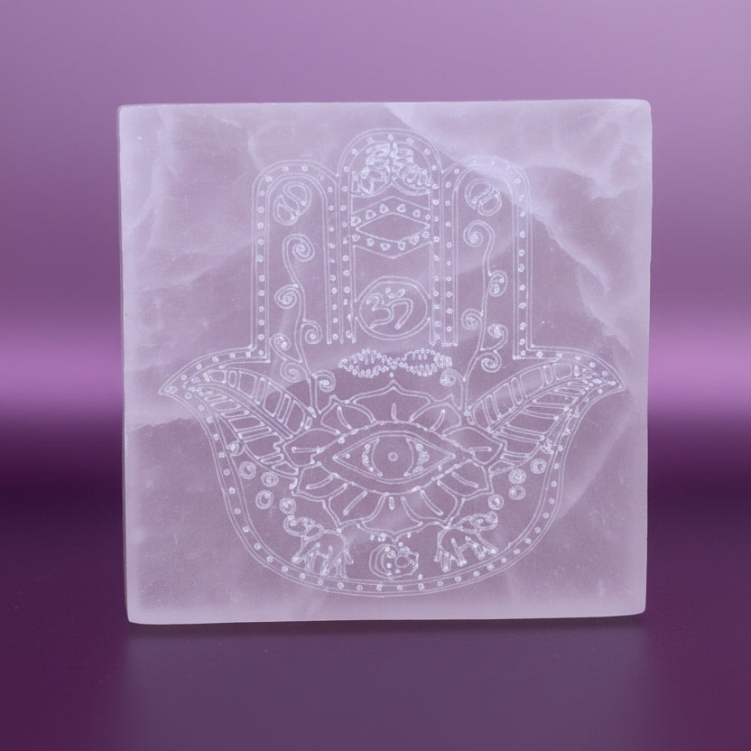 Satin Spar Charging Plate Hamsa Design