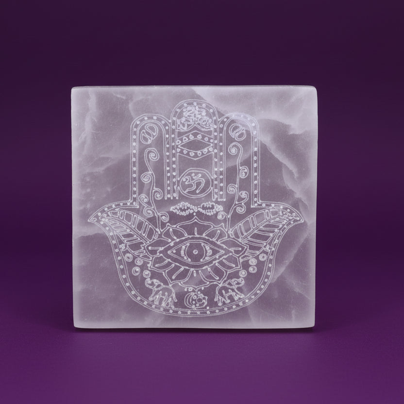 Satin Spar Charging Plate Hamsa Design