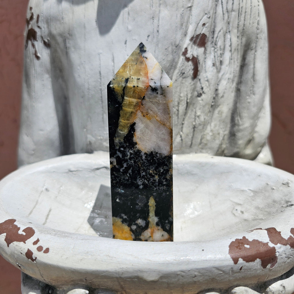 Yellow Tourmaline in Quartz and black Mica Matrix  4.5" tall